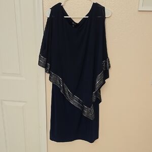 SLNY Navy Blue Midi Dress with Silver Accents